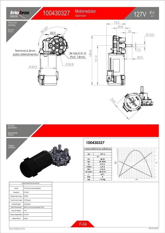 MOTOREDUTOR IMOBRAS 127VCC C/PONTE 100430327 — imagem 2