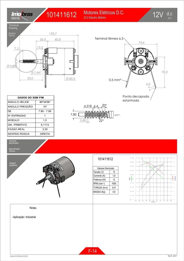 MOTOR IMOBRAS 12VCC 1650RPM ROSCA S/FURO T60-57 101411612 — imagem 2