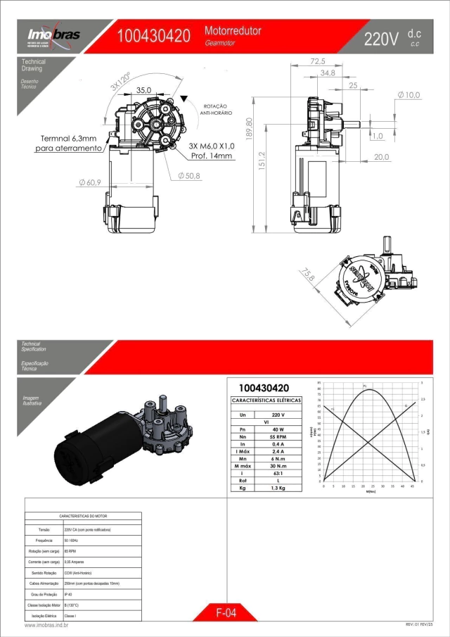 MOTOREDUTOR IMOBRAS 220VCA 55RPM CCW C/PONTE 100430420 — imagem 3